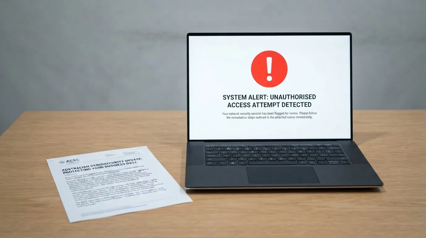 A printed government warning notice on a desk beside a laptop with a red alert icon on the screen.