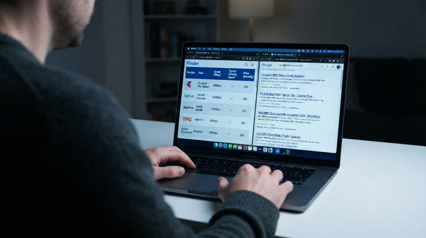A laptop screen split between two browser tabs, one showing a comparison table and the other a search results page.
