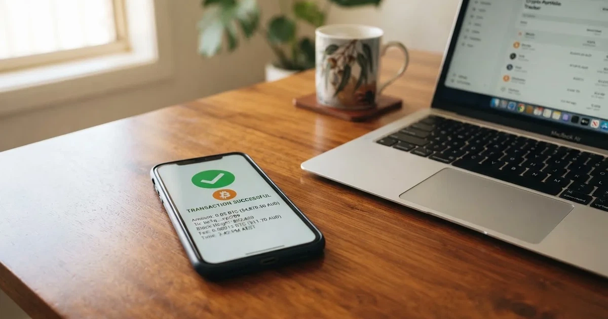 A phone displaying a blockchain transaction confirmation screen next to a laptop keyboard.