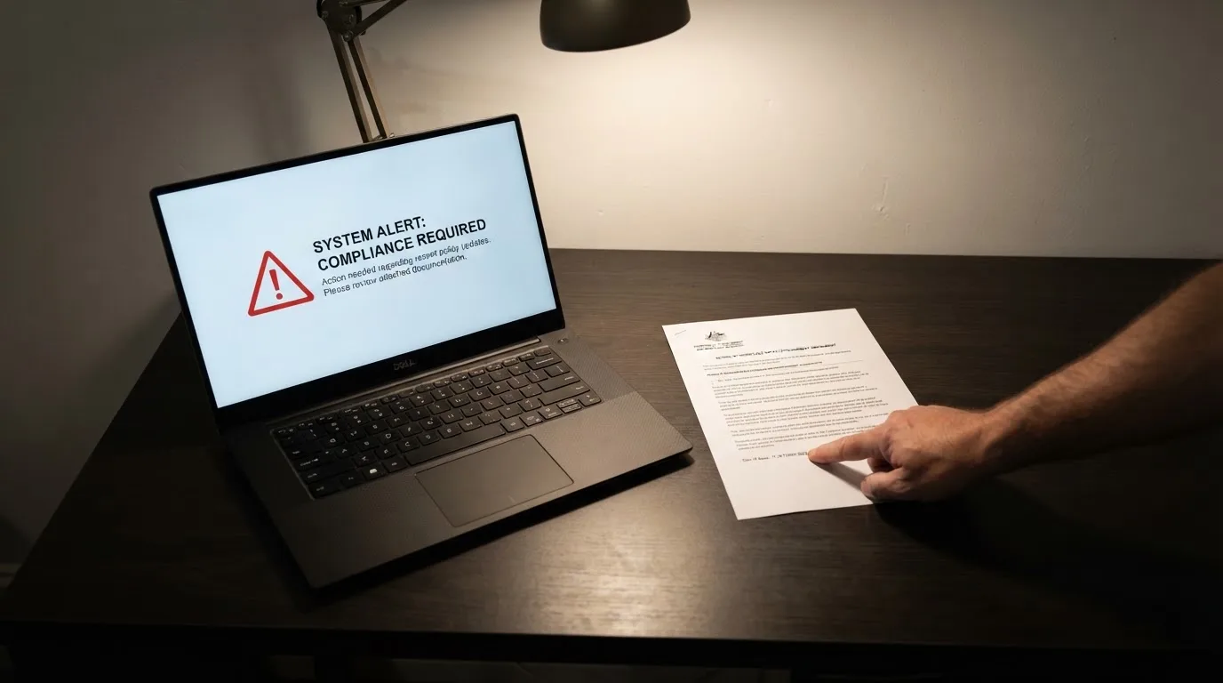 A printed government warning notice on a desk beside a laptop with a red alert icon on the screen.