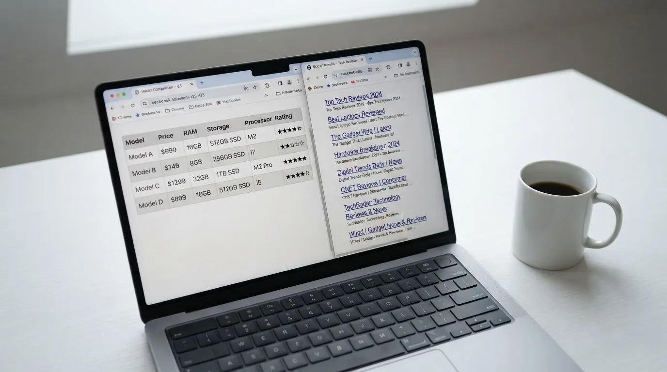 A laptop screen split between two browser tabs, one showing a comparison table and the other a search results page.