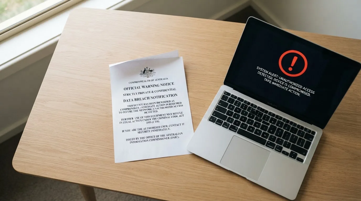 A printed government warning notice on a desk beside a laptop with a red alert icon on the screen.