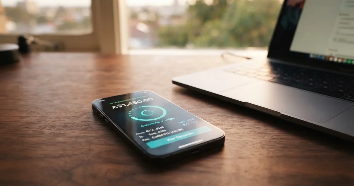 A phone displaying a blockchain transaction confirmation screen next to a laptop keyboard.