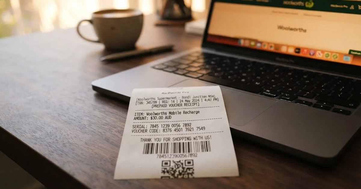 A printed prepaid voucher receipt lying beside a laptop keyboard.