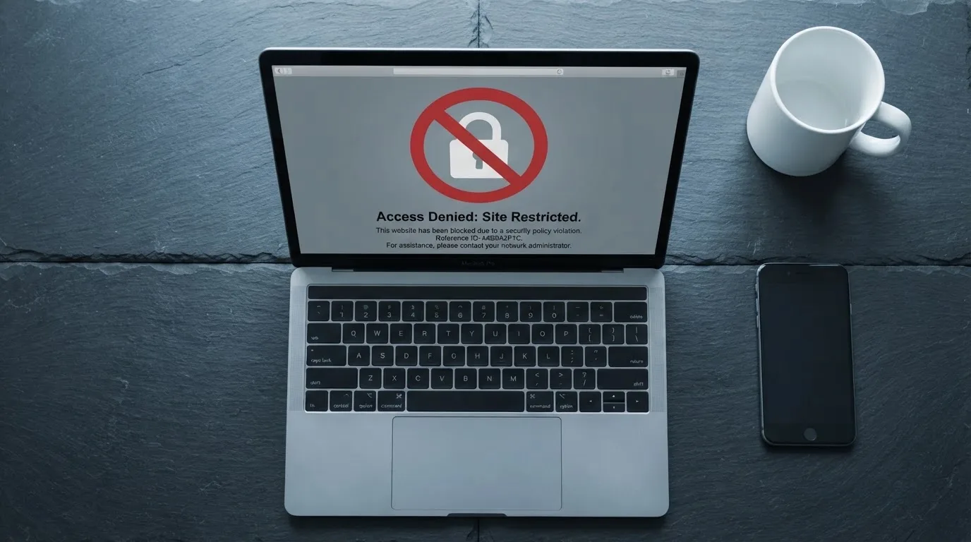 A printed government warning notice on a desk beside a laptop with a red alert icon on the screen.