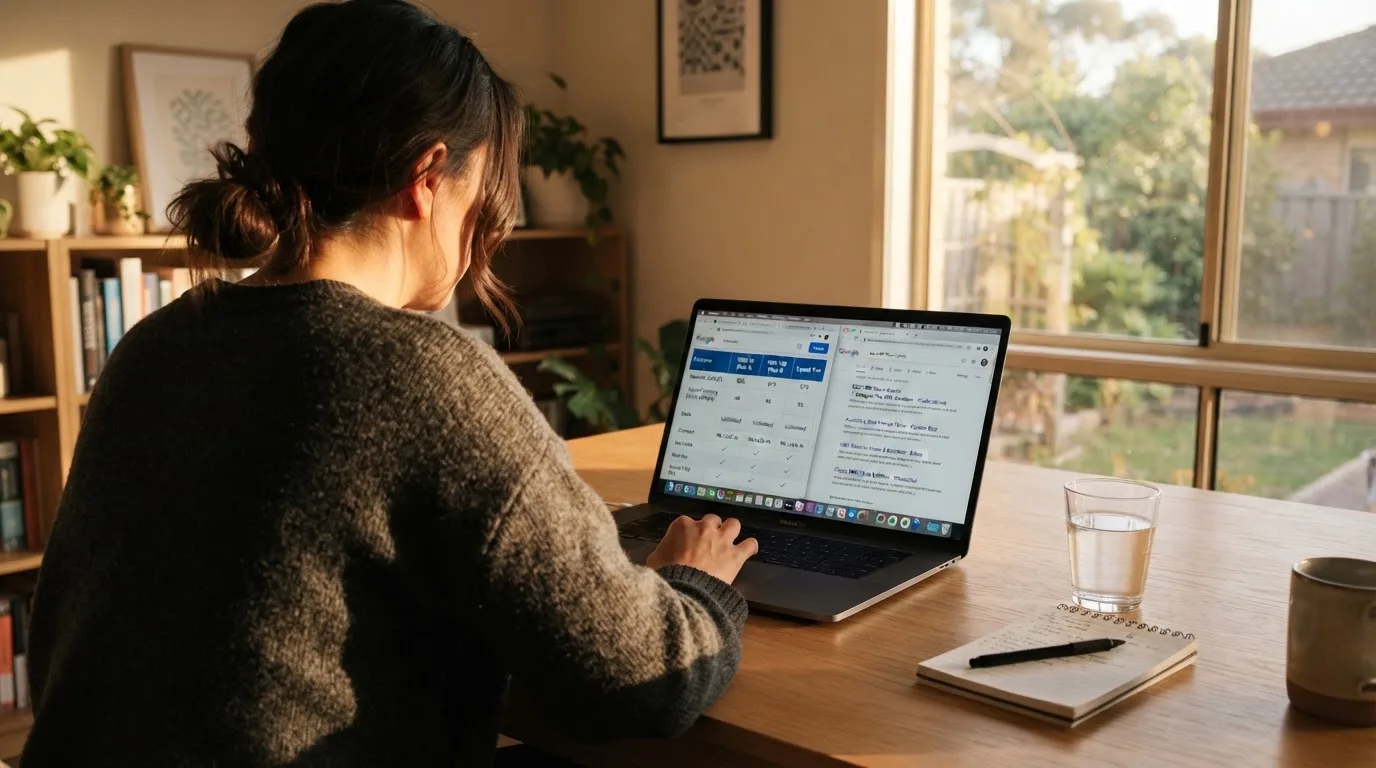 A laptop screen split between two browser tabs, one showing a comparison table and the other a search results page.