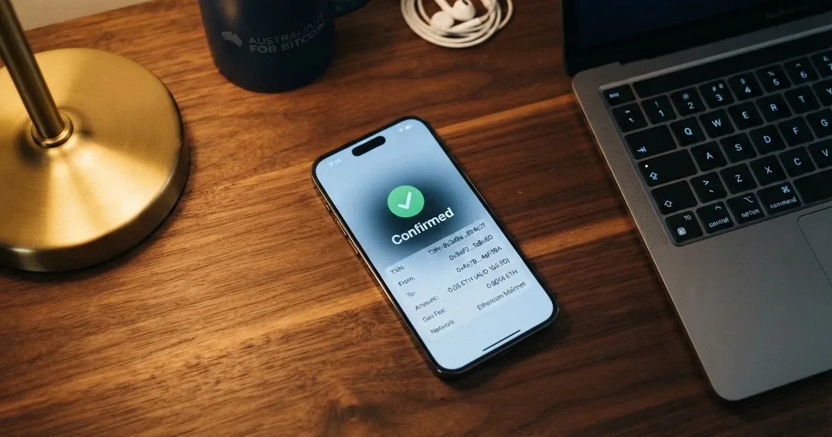 A phone displaying a blockchain transaction confirmation screen next to a laptop keyboard.