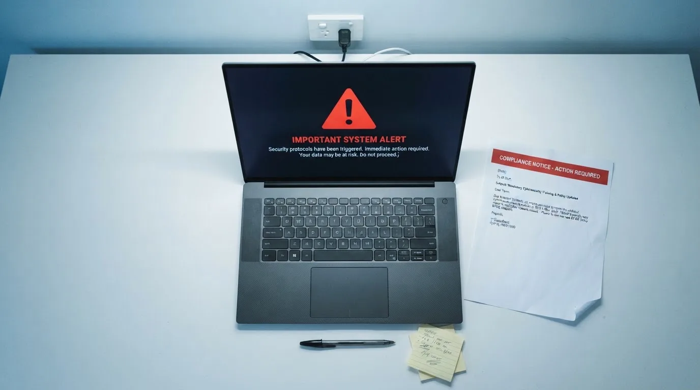 A printed government warning notice on a desk beside a laptop with a red alert icon on the screen.