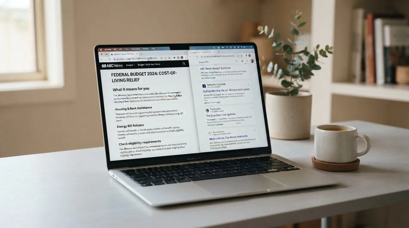 A laptop screen split between two browser tabs, one showing a comparison table and the other a search results page.