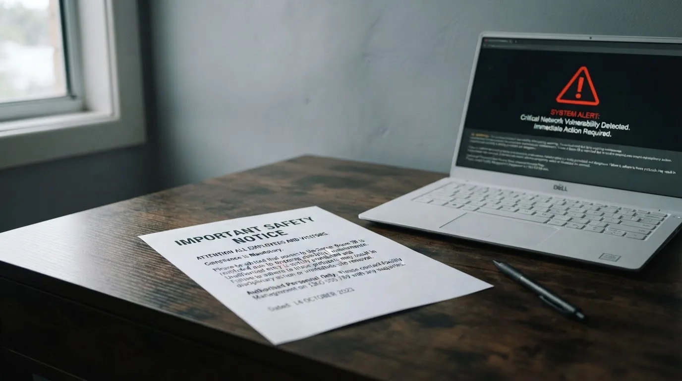 A printed government warning notice on a desk beside a laptop with a red alert icon on the screen.