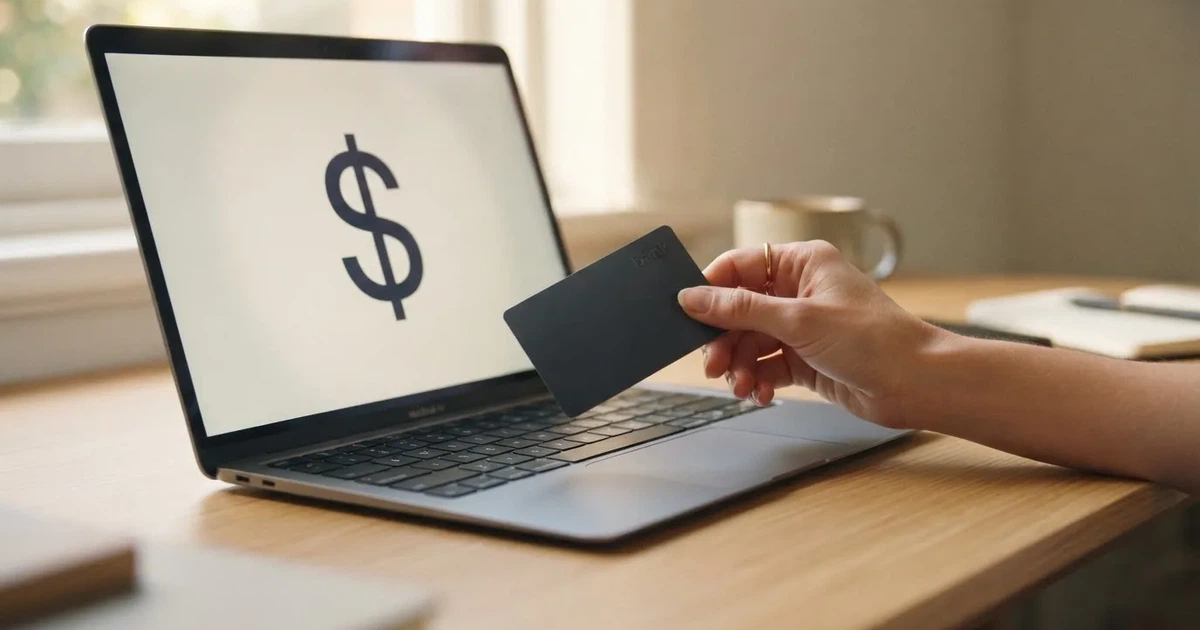 A hand holding a bank card next to a laptop showing an online payment form.