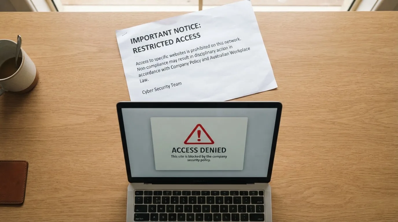 A printed government warning notice on a desk beside a laptop with a red alert icon on the screen.