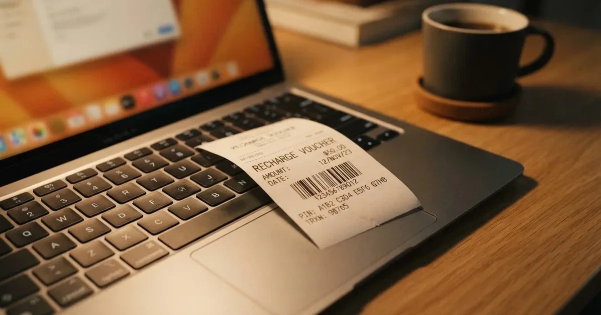 A printed prepaid voucher receipt lying beside a laptop keyboard.