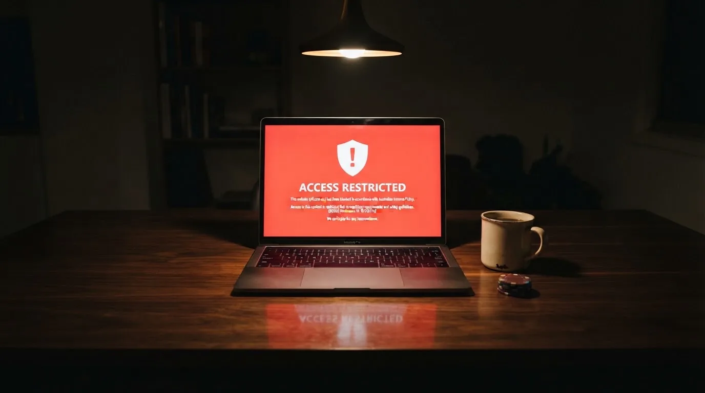 A printed government warning notice on a desk beside a laptop with a red alert icon on the screen.
