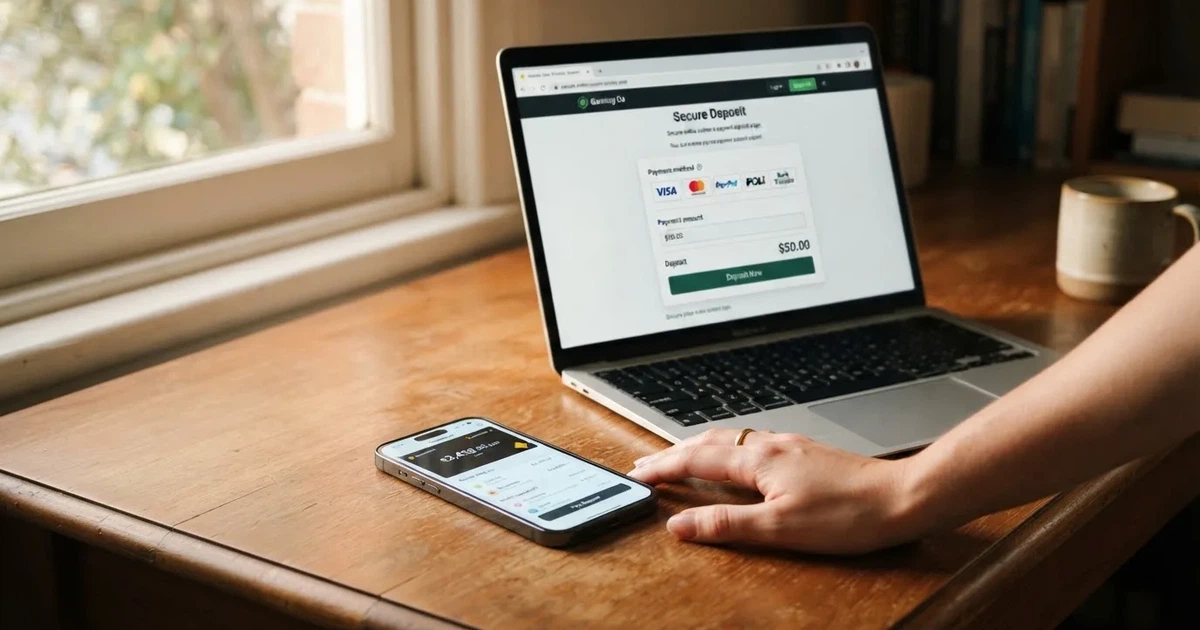 A smartphone screen showing a digital wallet balance next to a laptop cashier page.