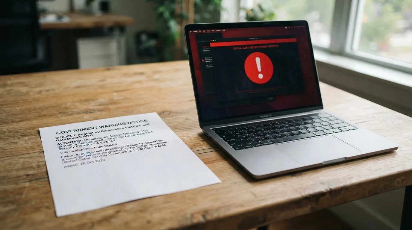 A printed government warning notice on a desk beside a laptop with a red alert icon on the screen.