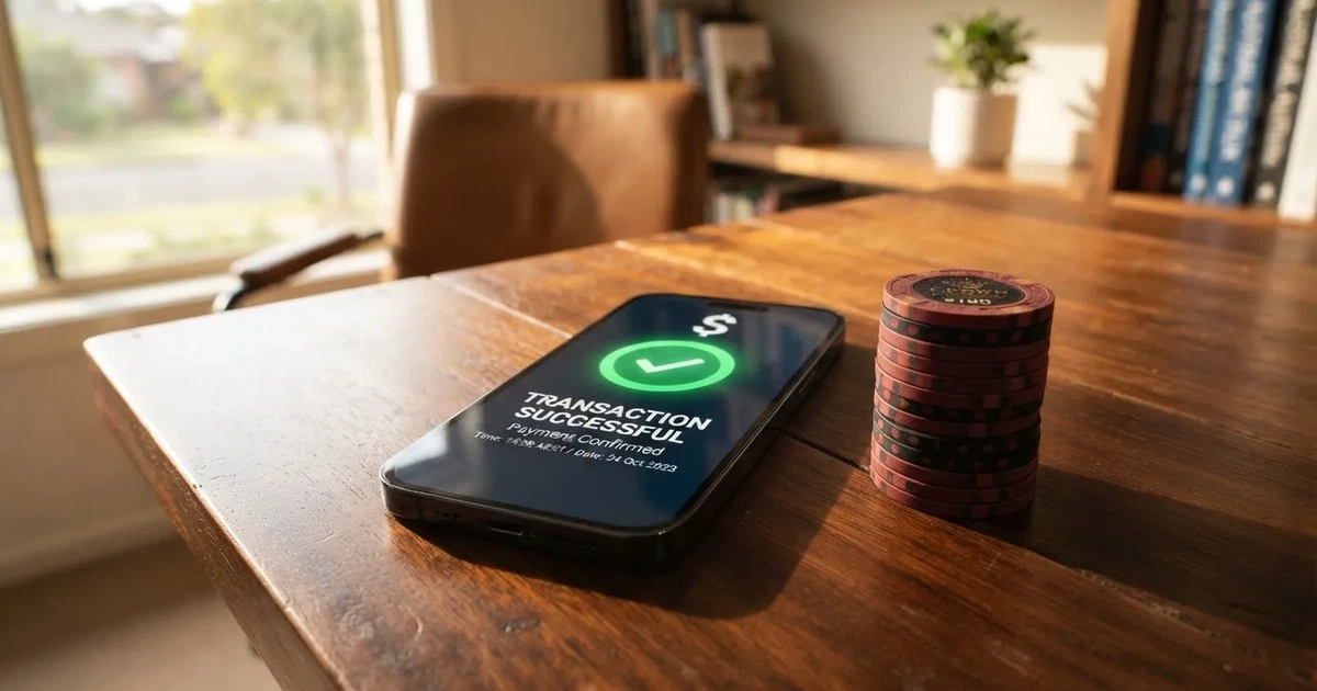 A phone displaying a bank transfer confirmation screen next to a stack of Australian dollar notes.