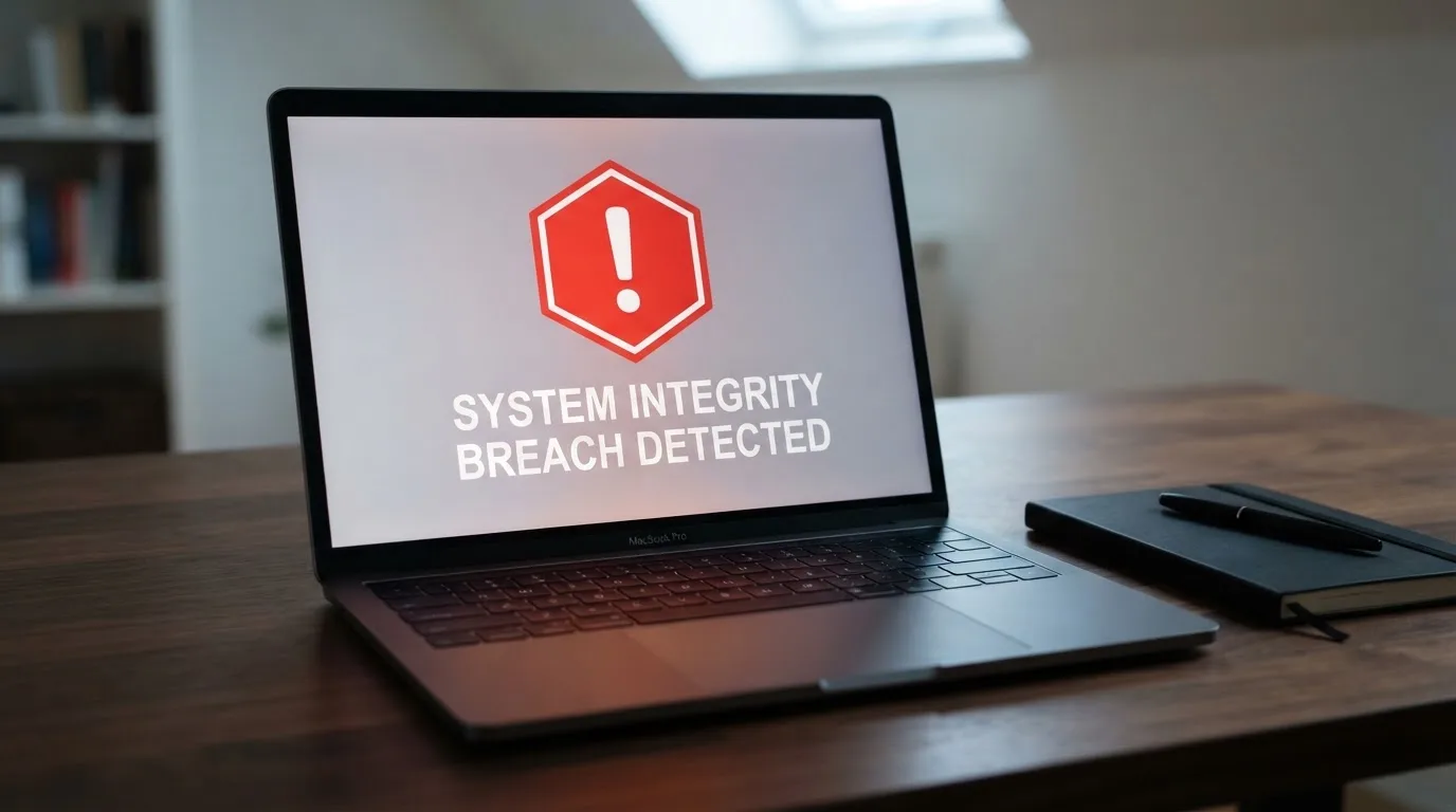 A printed government warning notice on a desk beside a laptop with a red alert icon on the screen.