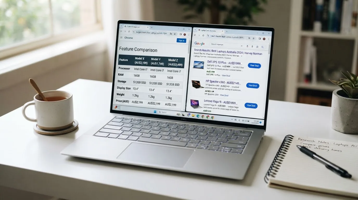 A laptop screen split between two browser tabs, one showing a comparison table and the other a search results page.