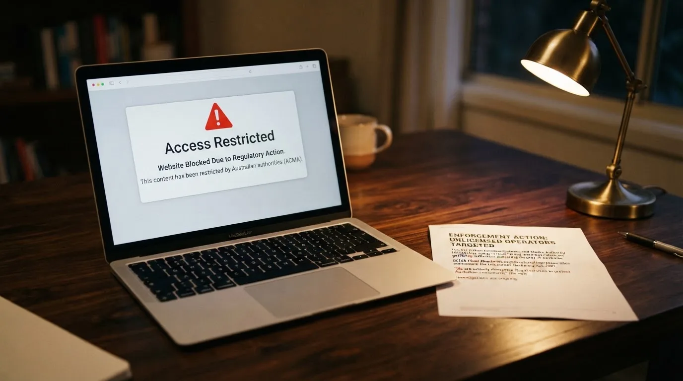A printed government warning notice on a desk beside a laptop with a red alert icon on the screen.