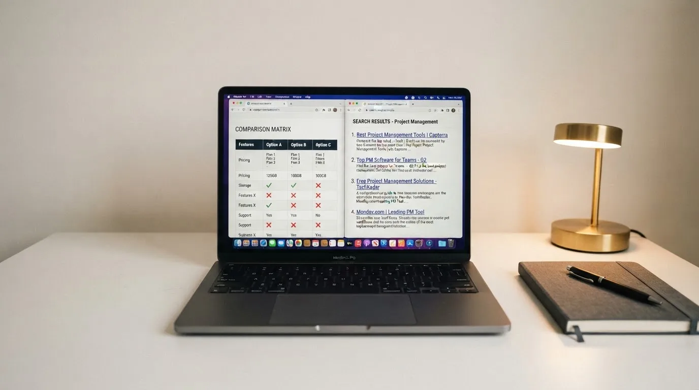 A laptop screen split between two browser tabs, one showing a comparison table and the other a search results page.