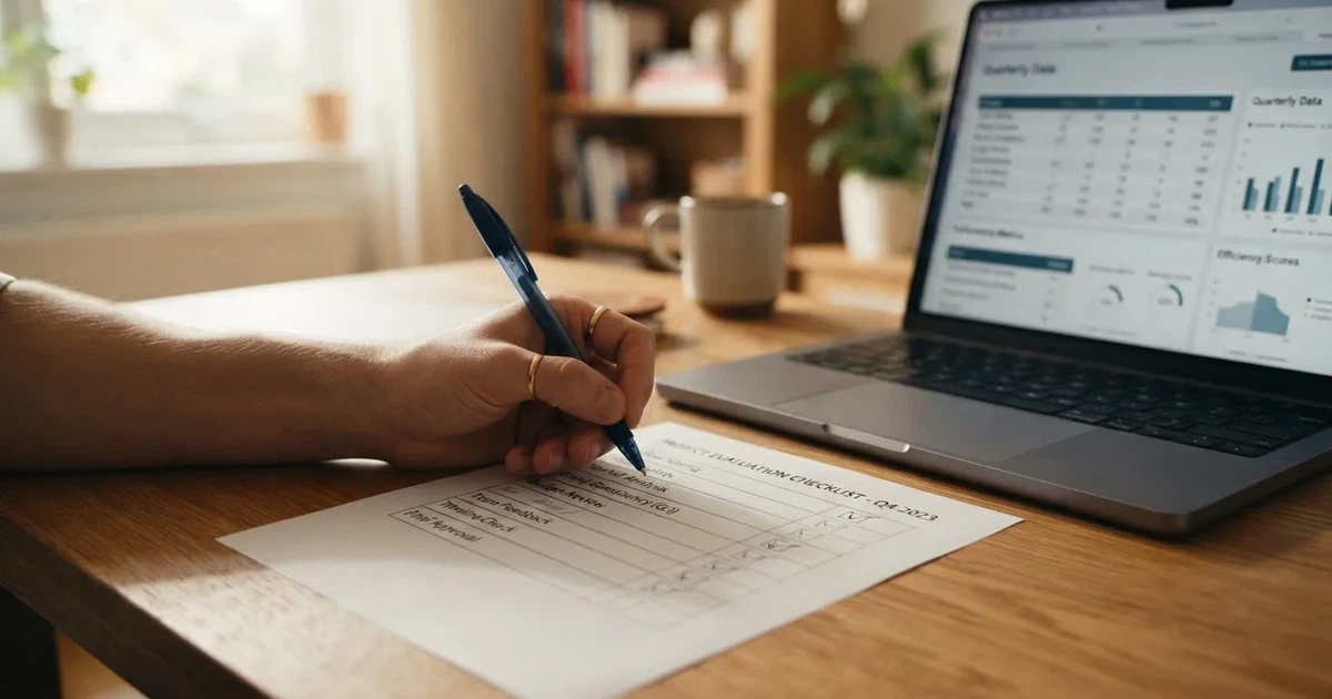 A hand ticking off boxes on a printed checklist next to a laptop.