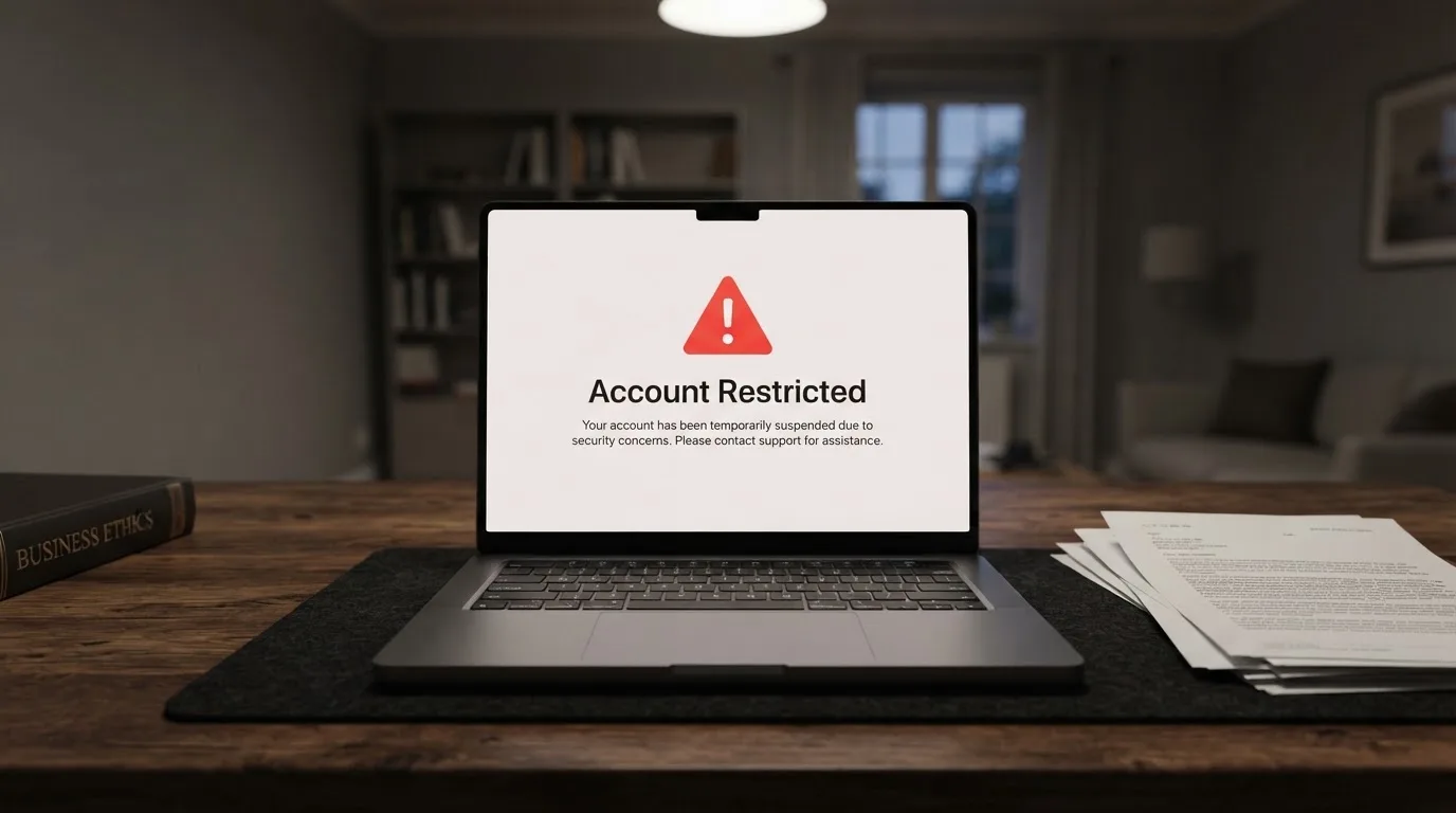 A printed government warning notice on a desk beside a laptop with a red alert icon on the screen.