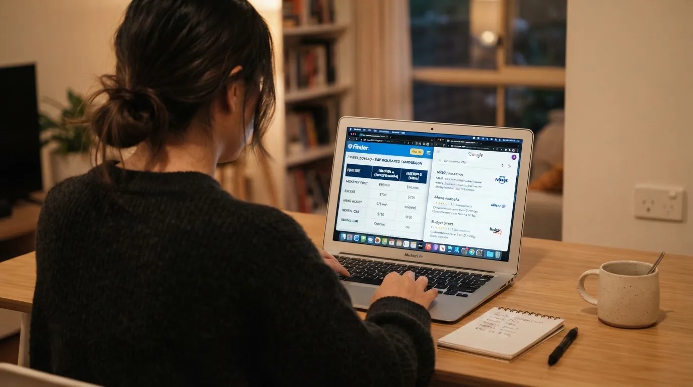 A laptop screen split between two browser tabs, one showing a comparison table and the other a search results page.