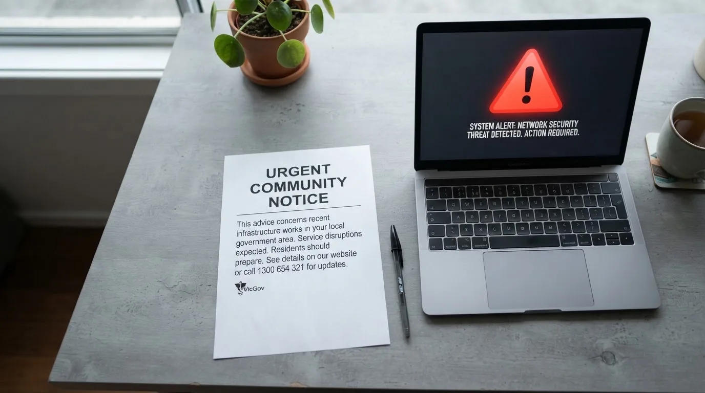 A printed government warning notice on a desk beside a laptop with a red alert icon on the screen.