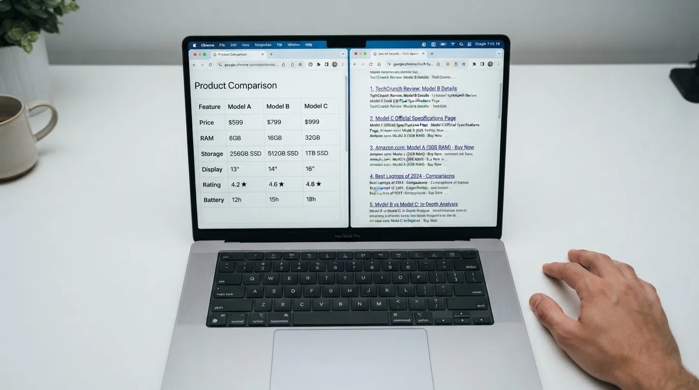 A laptop screen split between two browser tabs, one showing a comparison table and the other a search results page.