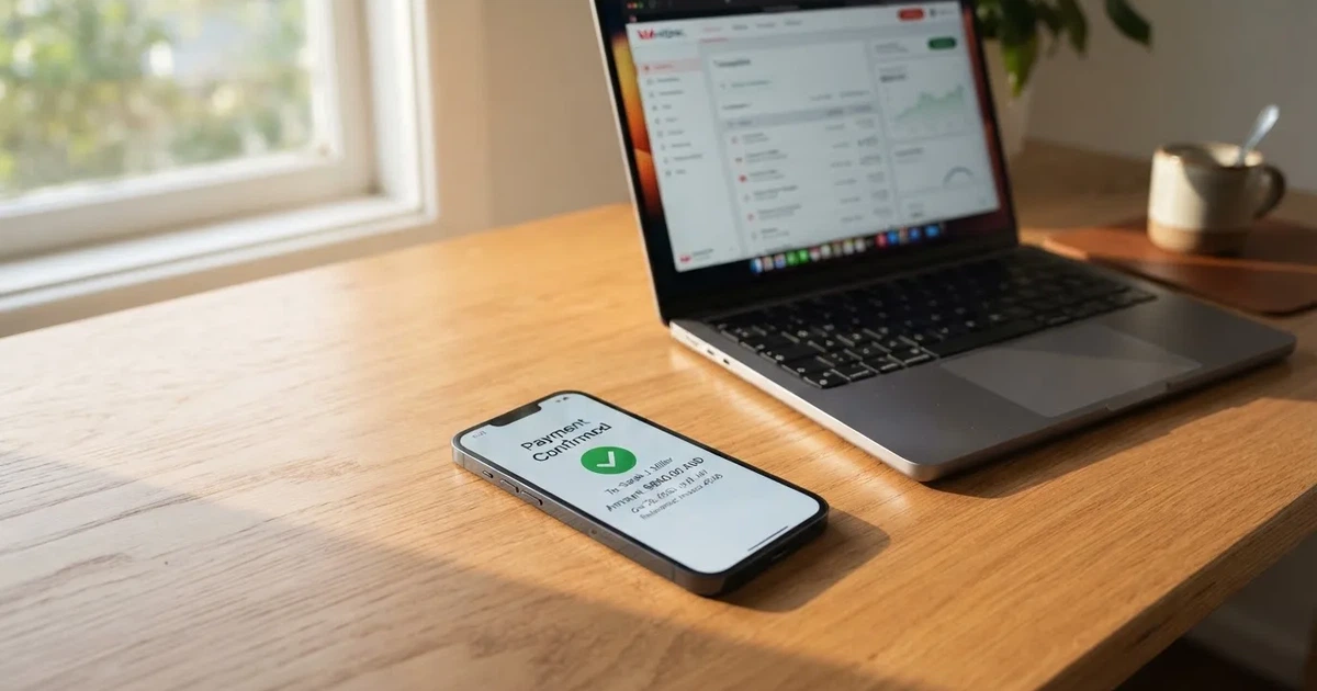 A phone showing a PayID-style bank transfer confirmation next to a laptop.