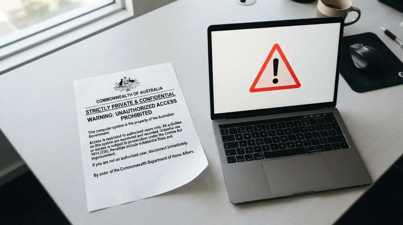 A printed government warning notice on a desk beside a laptop with a red alert icon on the screen.