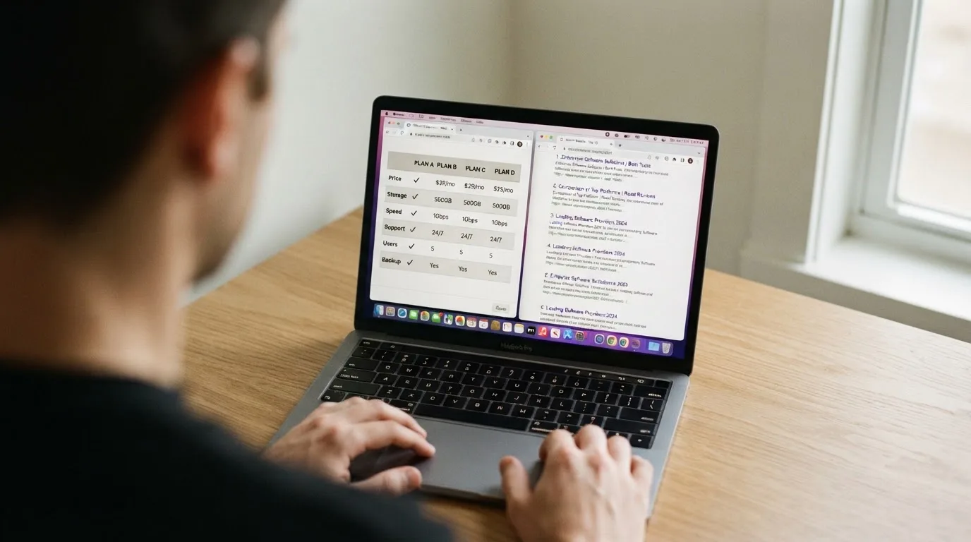 A laptop screen split between two browser tabs, one showing a comparison table and the other a search results page.