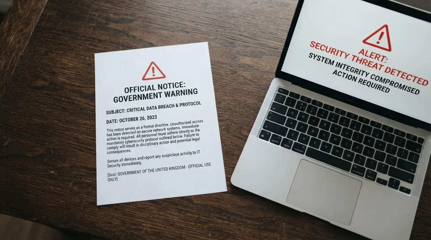 A printed government warning notice on a desk beside a laptop with a red alert icon on the screen.