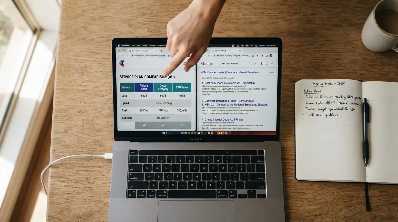 A laptop screen split between two browser tabs, one showing a comparison table and the other a search results page.