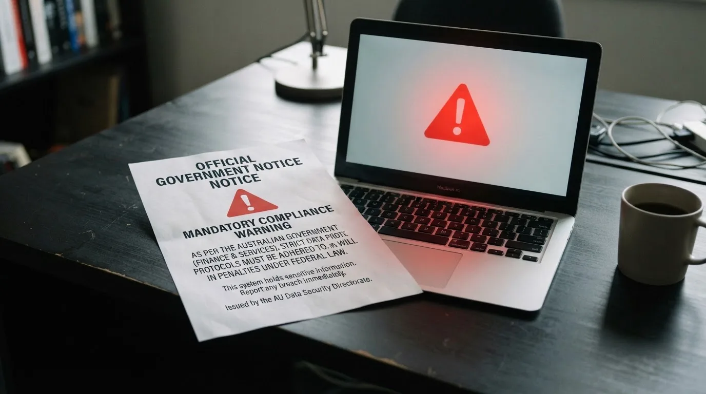 A printed government warning notice on a desk beside a laptop with a red alert icon on the screen.