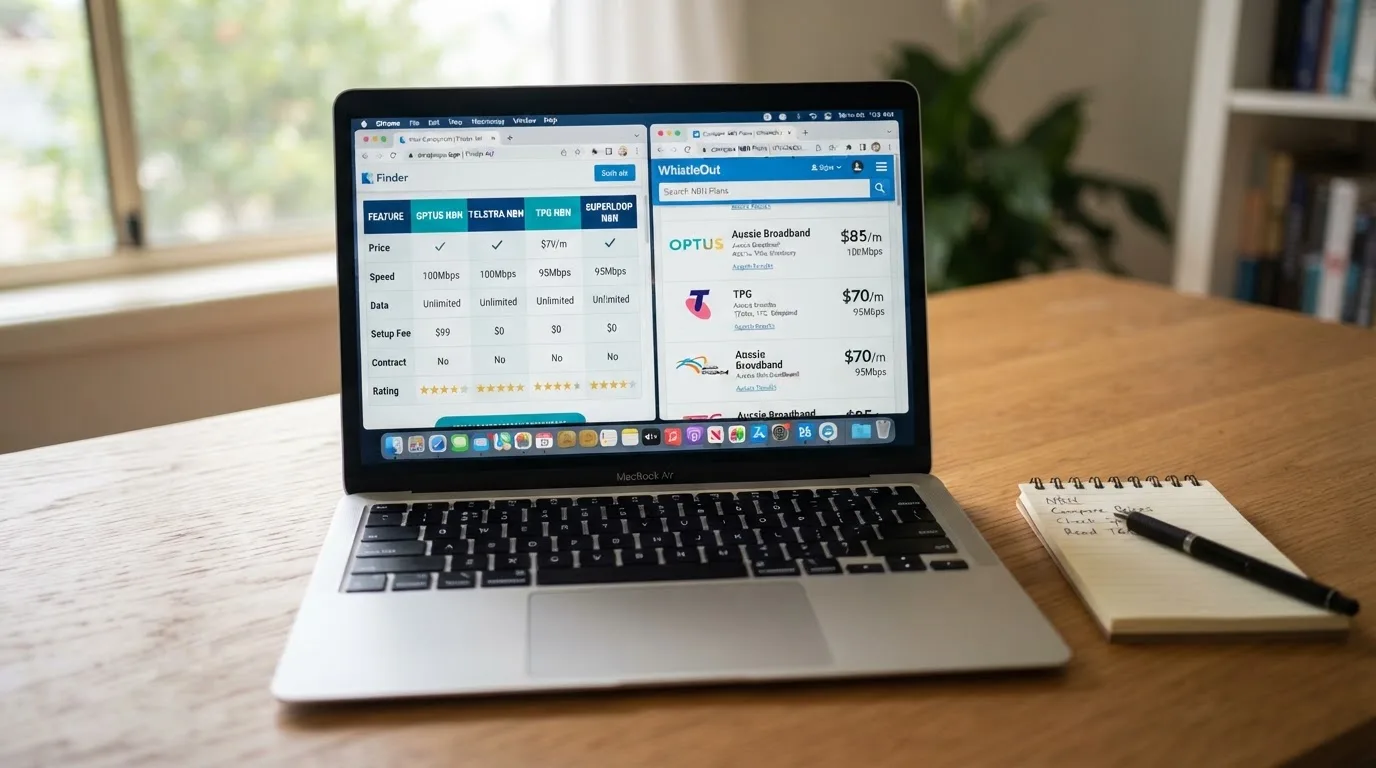A laptop screen split between two browser tabs, one showing a comparison table and the other a search results page.