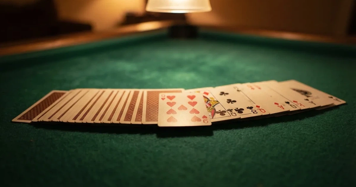 A close-up of a shuffled deck of playing cards fanned out on a green felt table.