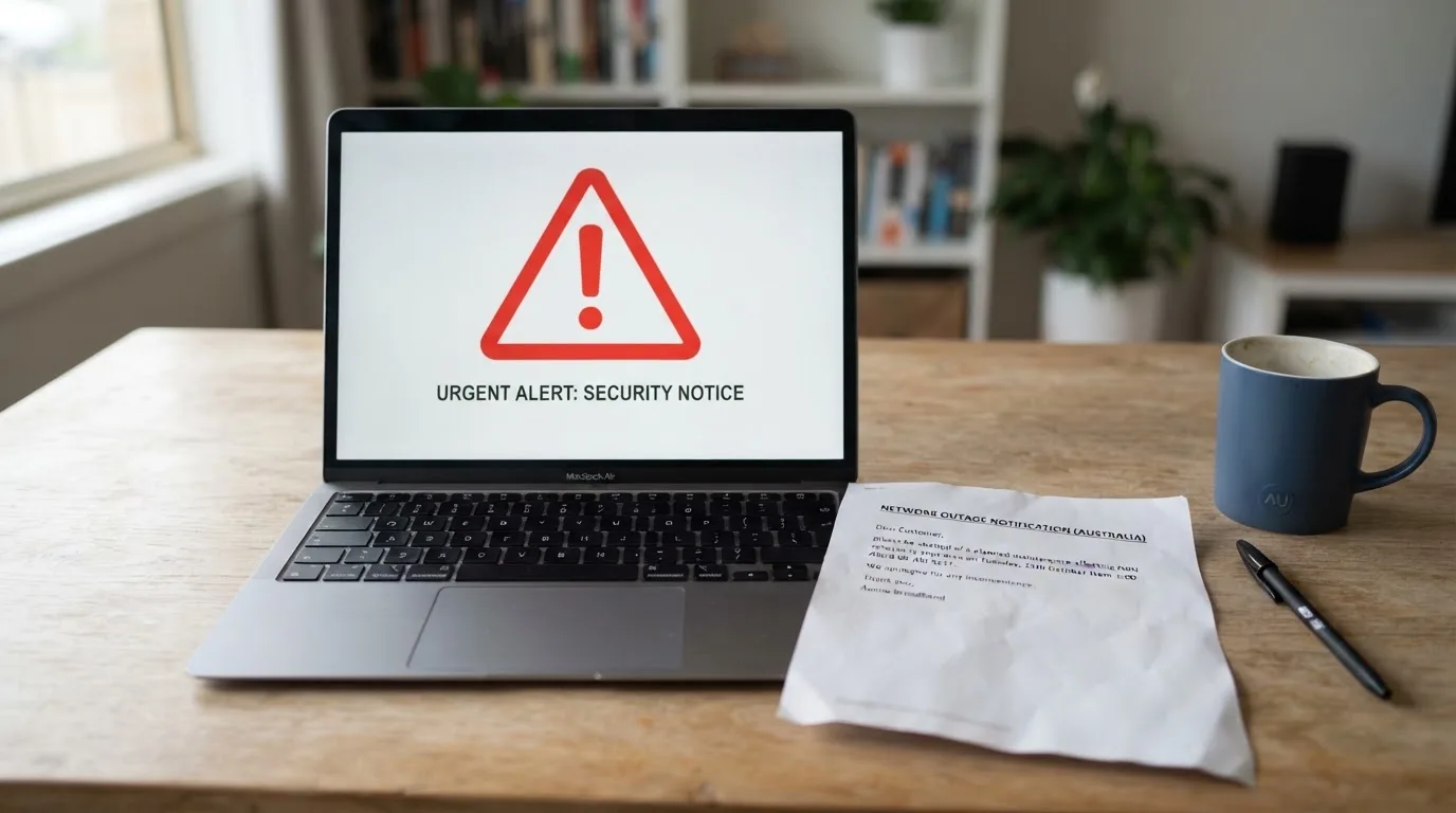 A printed government warning notice on a desk beside a laptop with a red alert icon on the screen.