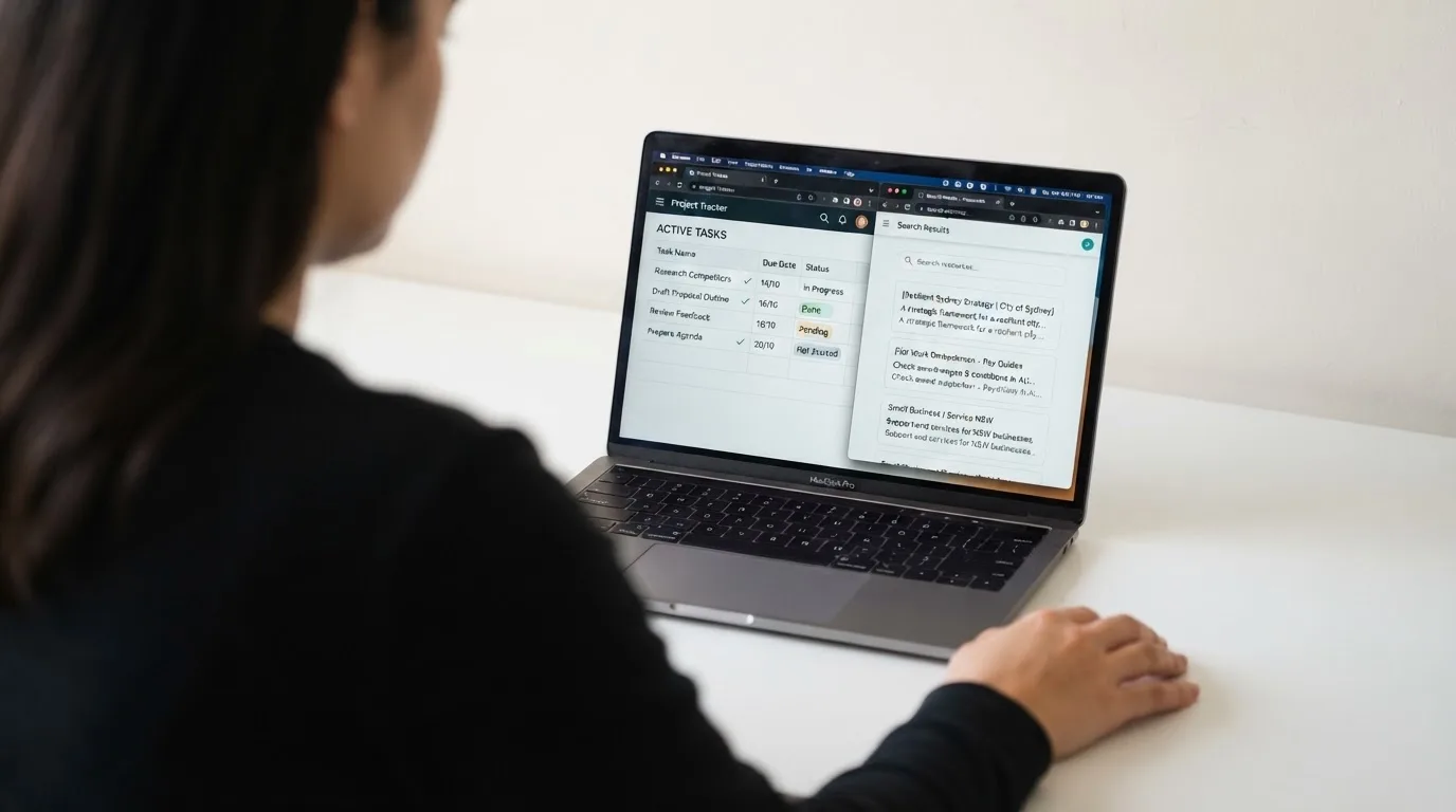 A laptop screen split between two browser tabs, one showing a comparison table and the other a search results page.