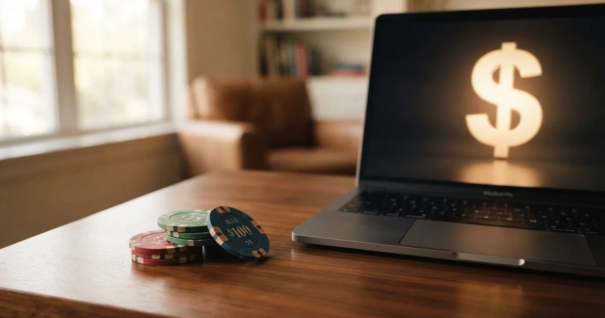 A small stack of coins next to a laptop showing an online payment form.
