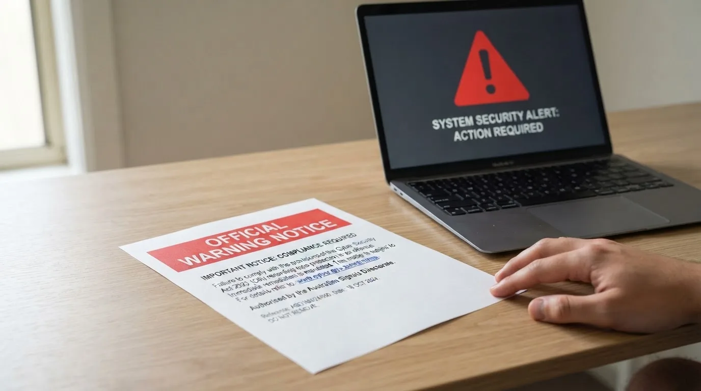 A printed government warning notice on a desk beside a laptop with a red alert icon on the screen.