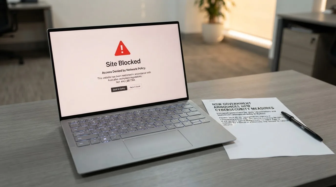 A printed government warning notice on a desk beside a laptop with a red alert icon on the screen.