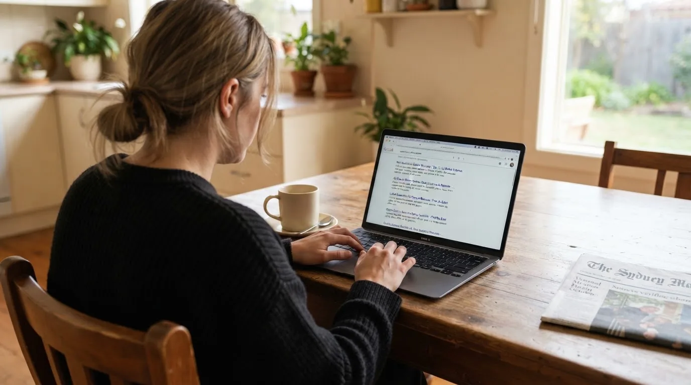 A person sits at a kitchen table, scrolling a laptop showing a general search results page about casino bonus offers.