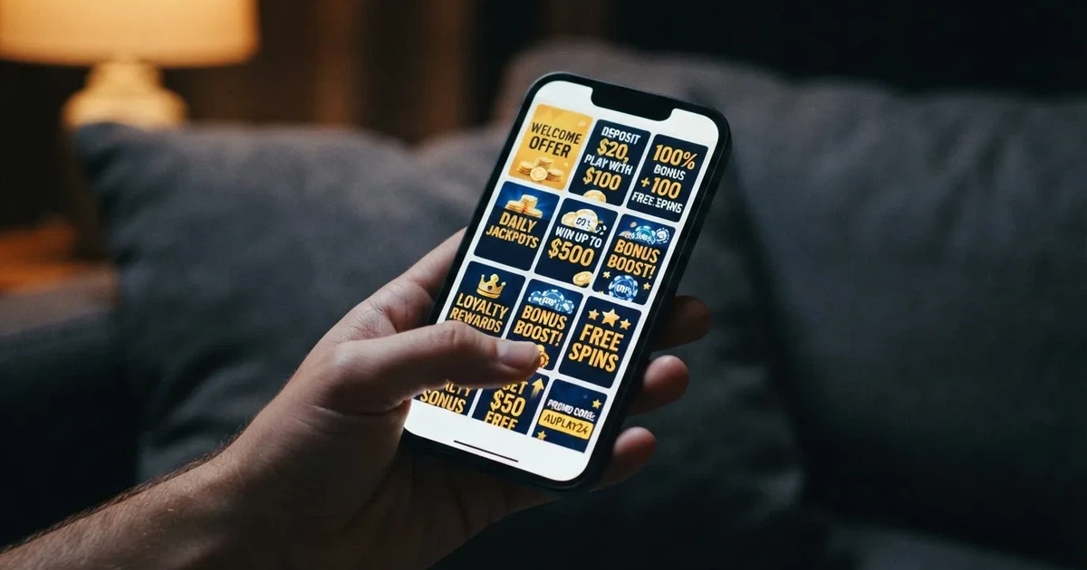 A phone screen shows a list of promotional bonus tiles as someone scrolls with one thumb on a couch in the evening.
