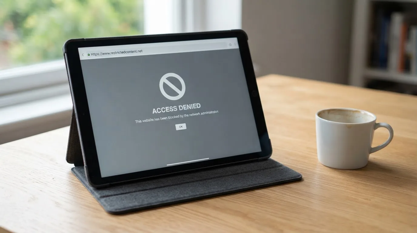 A tablet on a desk displays a plain government-style warning notice page, with a coffee cup beside it.