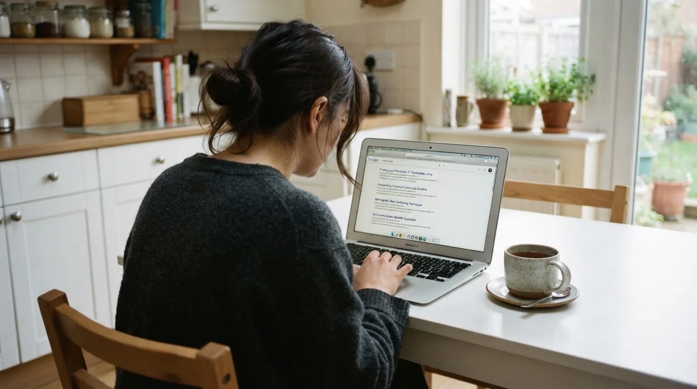 A person sits at a kitchen table, scrolling a laptop showing a general search results page about new casino sites.