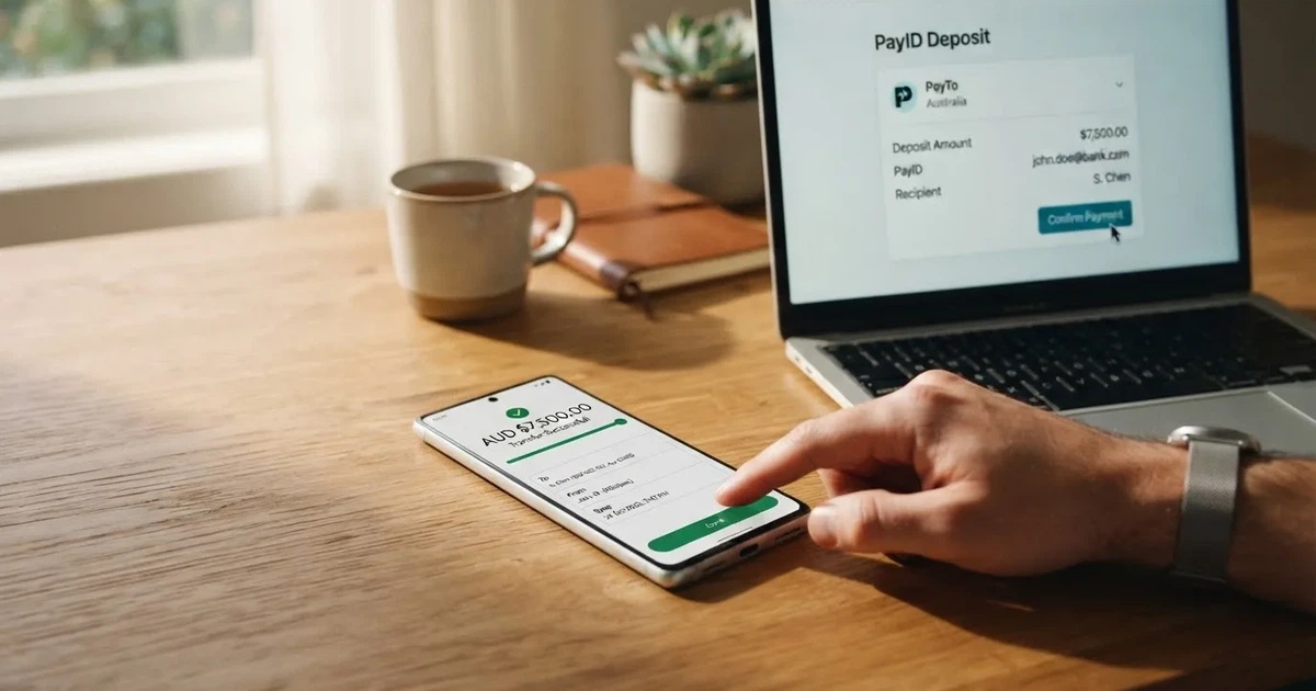 Close-up of a smartphone banking app open beside a laptop on a home desk, mid-transfer.