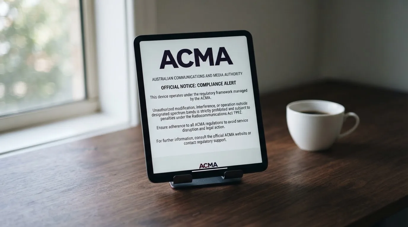 A tablet on a desk displays a plain government-style warning notice page, with a coffee cup beside it.
