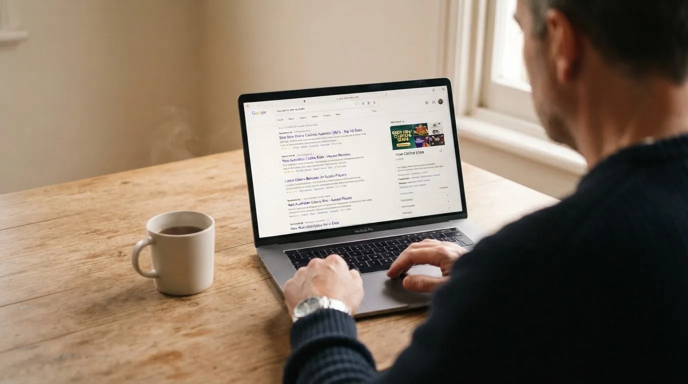A person sits at a kitchen table, scrolling a laptop showing a general search results page about new casino sites.